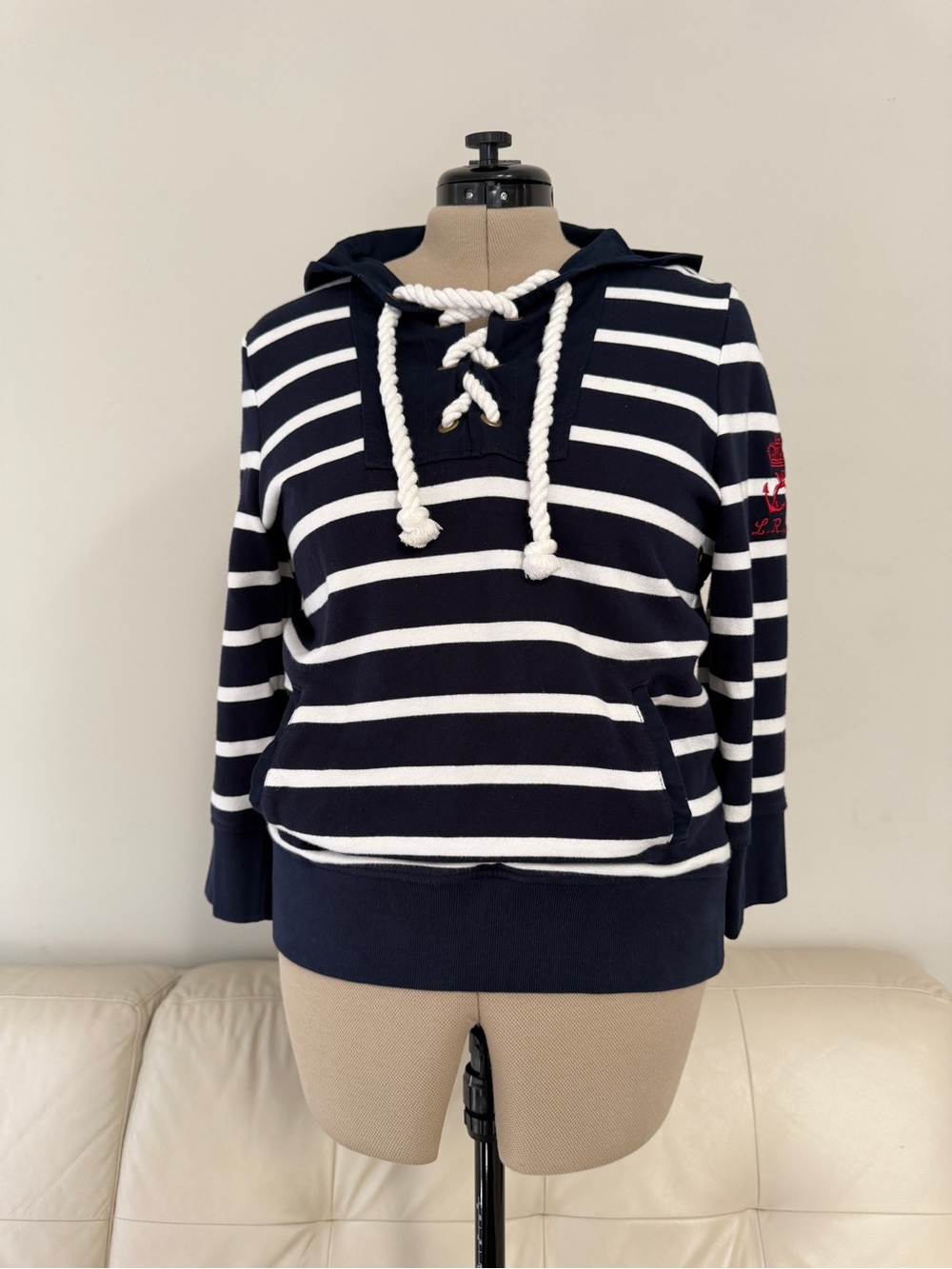 Ralph Lauren Navy and White Striped Hooded Lace-Up Sweatshirt
